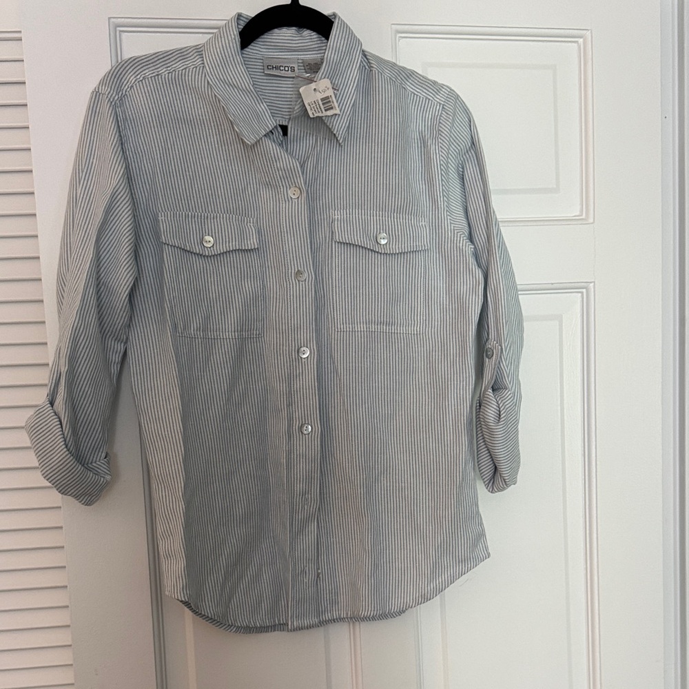 Chico's Blue Striped Collared Shirt